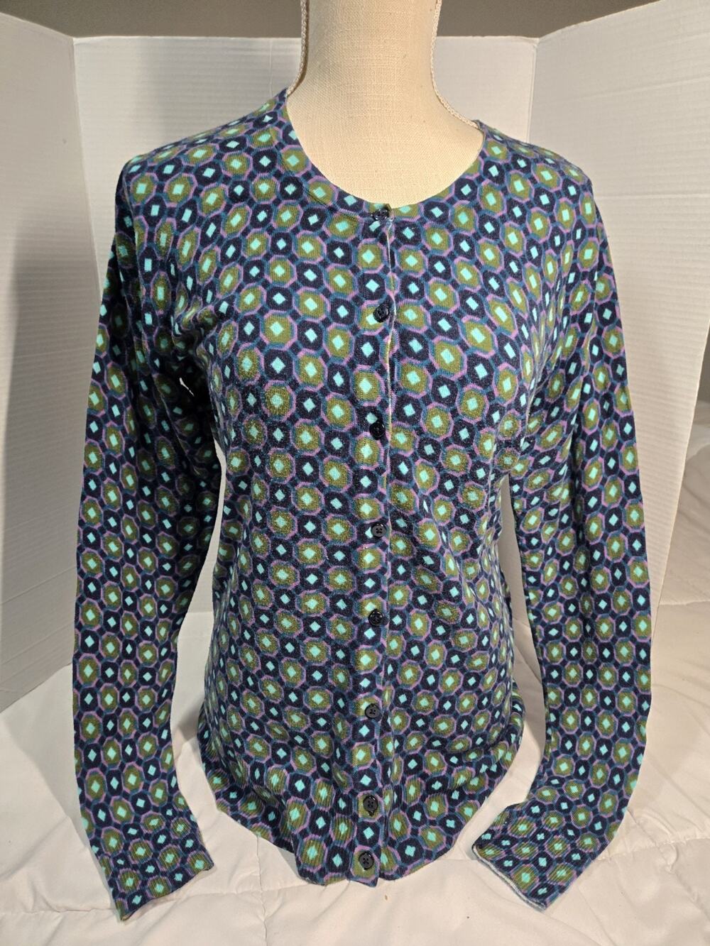 Merona L Women's Cardigan Button Down Geometric Career Preppy Retro Y2k College